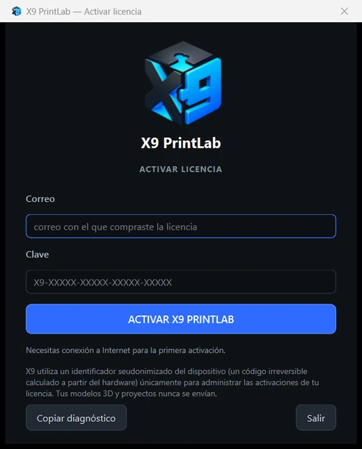 Ventana de activación de X9 PrintLab con los campos correo y clave