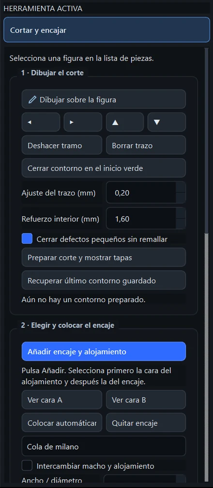 Panel de la herramienta Cortar y encajar: dibujar el corte y elegir y colocar el encaje