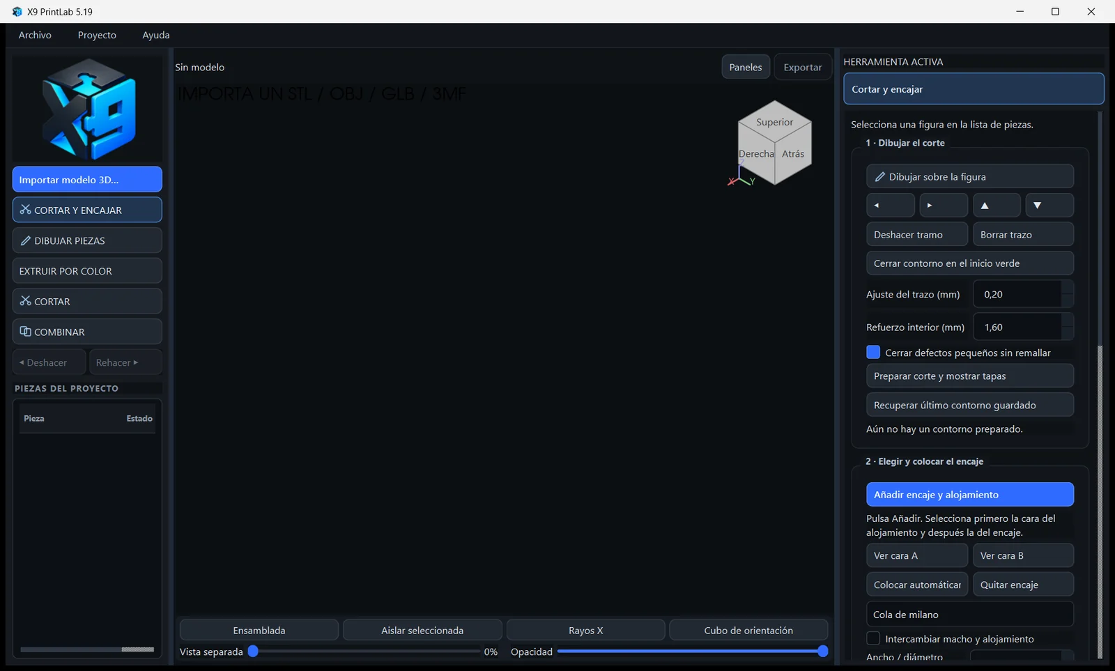 Ventana principal de X9 PrintLab 5.19: herramientas a la izquierda, visor 3D en el centro y la herramienta Cortar y encajar a la derecha